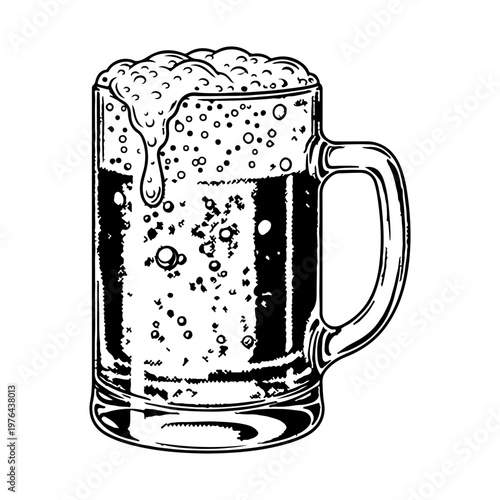 Refreshing Draft: A detailed illustration of a frothy beer mug overflowing with dark, delicious beverage, brimming with bubbles and texture, a visual treat for any beer enthusiast.