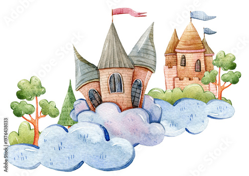 Watercolor castle on cloud on transparent background. Magical fairytale kingdom in sky surroundings. Fantasy architecture illustration for children design, book story and nursery decoration.