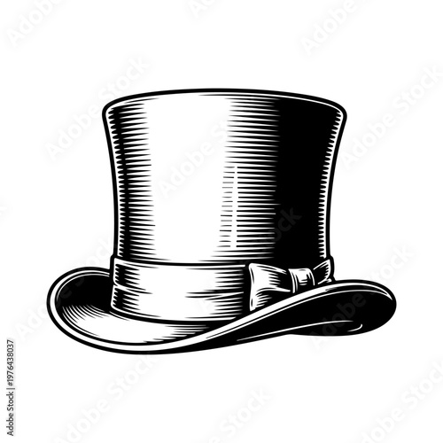 Elegant Top Hat: A classic top hat, symbol of sophistication and timeless style, is beautifully rendered in a monochrome illustration. Perfect for vintage, formal wear, or theatrical themes.