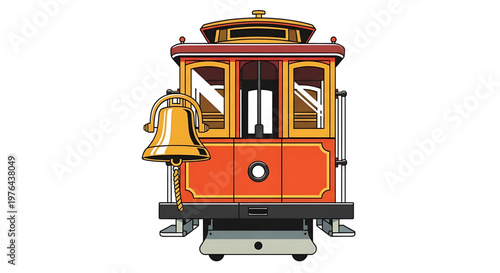A colorful illustration of a vintage trolley car with a prominent bell