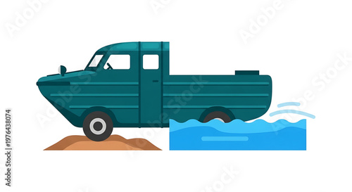 A vector graphic illustration of a green amphibious truck driving from land into water