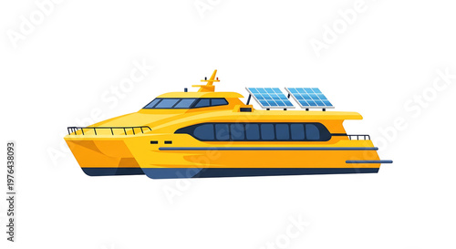 A modern yellow solar powered boat with sleek design on a white background