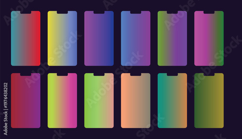 Vibrant gradient backgrounds set with smooth color transitions, resembling modern smartphone displays or app icons, perfect for digital design and UI/UX.