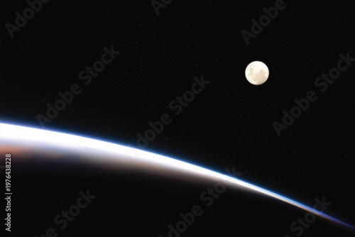 Earth horizon and Moon. Planet with bright blue glow and deep shadow
