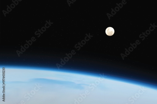 Earth horizon and Moon. Planet with pastel blue atmosphere in space
