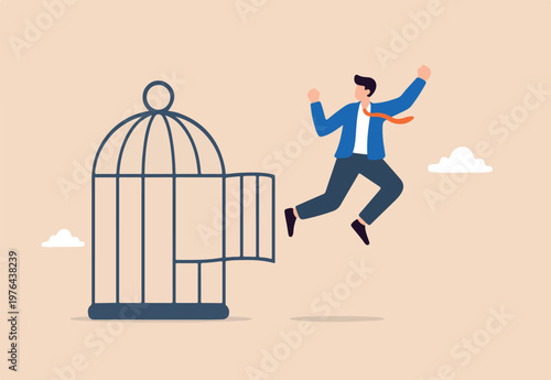 Courage to escape for freedom, get out of comfort zone to find new job, open mind or fly away for better life, hope and liberty concept, courage businessman escape from bird cage jump and fly away