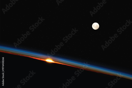 Earth horizon and Moon. Dark planet outline with rising sun in space