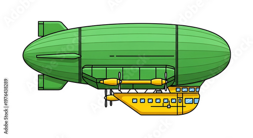 A vibrant green and yellow zeppelin airship floating in the air