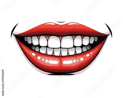 Red lips smile: A vibrant and expressive illustration showcases a detailed close-up of a pair of lips painted in striking red and framing a perfect, radiant smile with clean white teeth.
