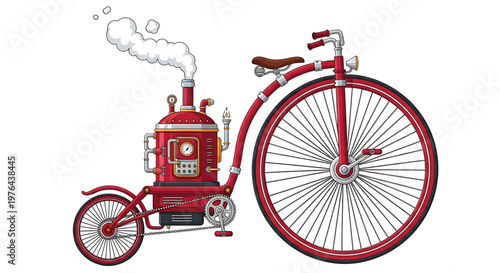 A red steam-powered bicycle with a large front wheel and a small rear wheel is depicted in a vector illustration.