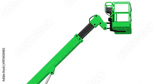 A green aerial lift or boom lift is shown in a vector graphic illustration against a white background