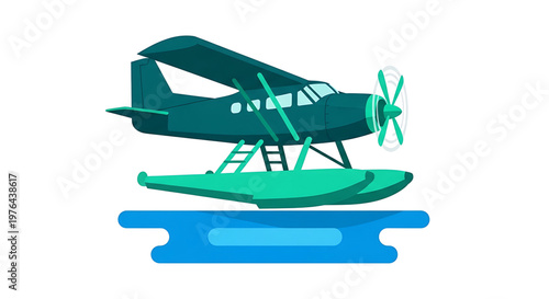 A vector graphic illustration of a seaplane floating on water with a propeller and pontoons