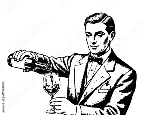 Wine Pouring: A poised server meticulously pours red wine into a crystal glass, showcasing elegance and refinement. 