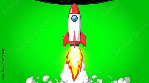 A retro-style rocket blasting off from a green screen background with a trail of fire and smoke