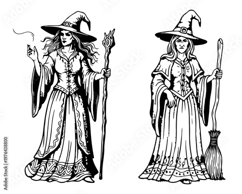 Mystical Enchantresses: Two captivating female figures, each adorned in traditional witch attire, exude an air of enigmatic allure, holding symbolic items amidst a monochrome setting.