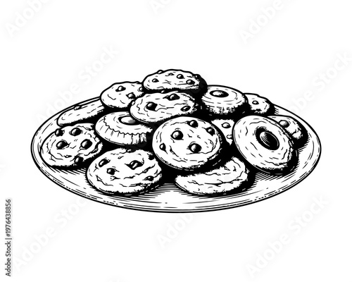 Plate of Cookies Illustration: A charming black and white illustration depicts a plate brimming with various cookies, evoking warmth and the simple pleasure of a sweet treat.