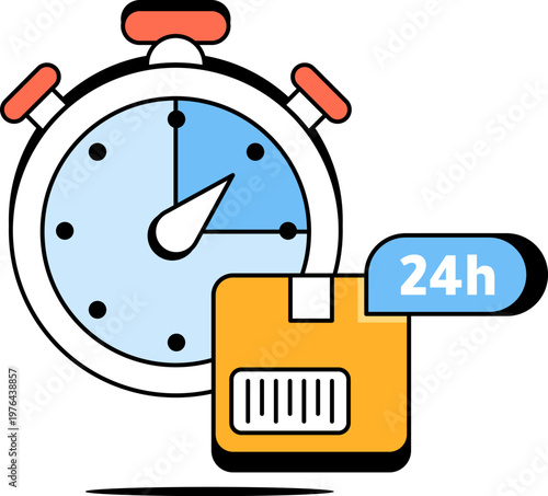 Stopwatch and cardboard box for fast express delivery twenty four hours vector illustration