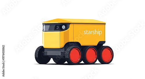 A yellow Starship delivery robot with red wheels on a white background
