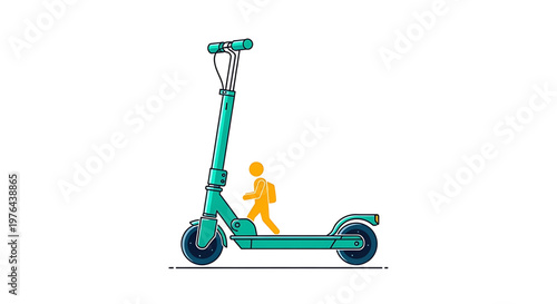 A colorful vector illustration of a person riding an electric scooter in a modern urban setting