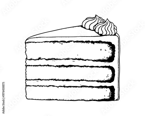 Sweet Slice Delight: A close-up illustration of a delectable cake slice, showcasing its layers and a creamy swirl on top, a tempting treat perfect for any occasion.
