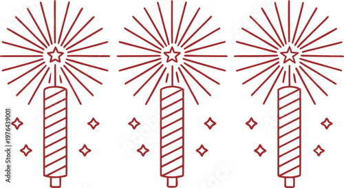 Red line firecrackers with exploding sparks and stars line red explosion