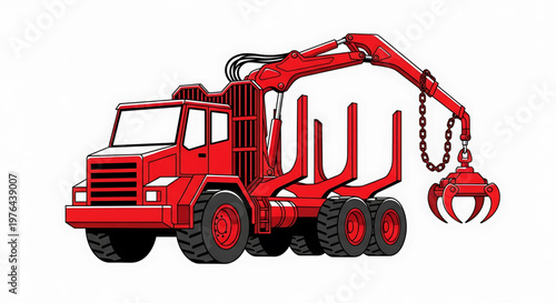 A red logging truck with a crane and claw is depicted in a vector graphic illustration