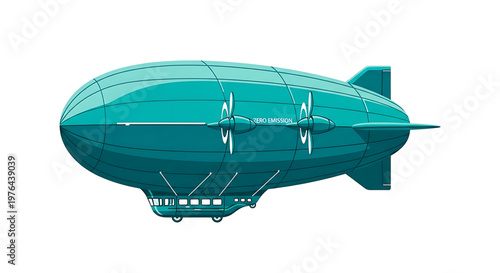 A teal-colored blimp with propellers and a gondola, set against a white background