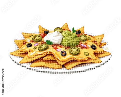Nachos Platter: A tempting plate of golden nachos is artfully arranged, layered with melted cheese, jalapenos, olives, salsa, sour cream, and guacamole, creating a symphony of flavors and textures.