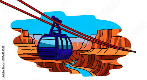 A colorful vector graphic of a cable car suspended over a canyon with a river flowing through it