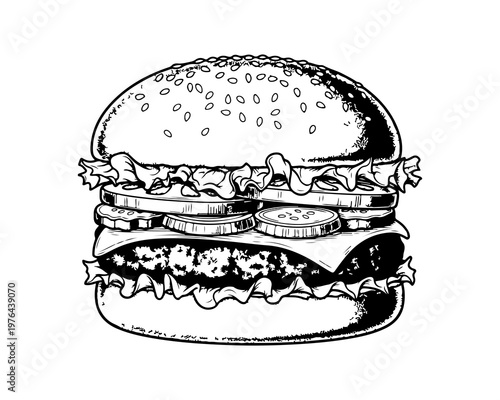 Delicious Burger: A tempting and meticulously illustrated burger, boasting layers of fresh ingredients, meticulously rendered in black and white, offers a culinary delight.