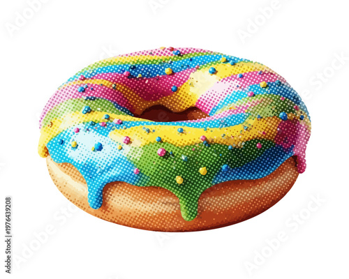 Rainbow Delight: A vibrant donut, adorned with a colorful glaze and sprinkles, sits as a delicious treat and culinary art.