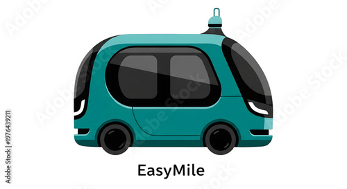 A teal colored autonomous vehicle with a rounded design and large windows