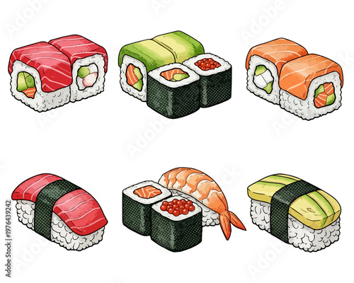 Sushi Variety: A mouthwatering selection of colorful sushi rolls and nigiri, each meticulously crafted and bursting with fresh flavors.