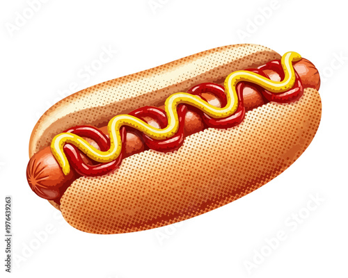 Classic Hotdog Delight: An overhead view showcases a delectable hotdog, generously adorned with a vibrant swirl of mustard and ketchup, nestled in a soft bun. A culinary masterpiece for food lovers.