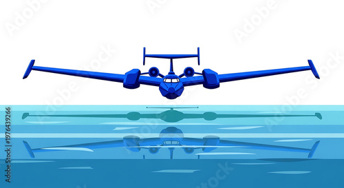 A blue airplane flying over water in a vector graphic illustration