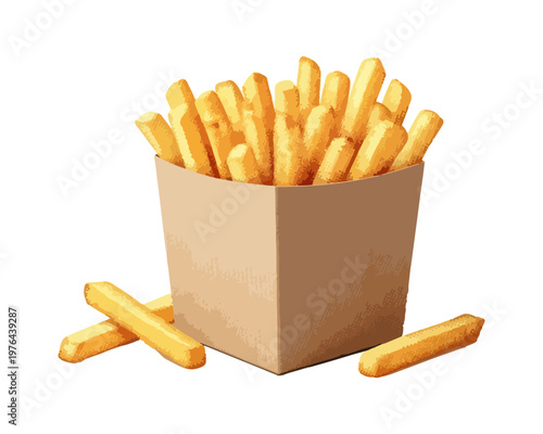Golden Fries in a Box: A tempting display of crispy, golden-brown french fries, neatly arranged in a classic cardboard container, ready to satisfy any craving.