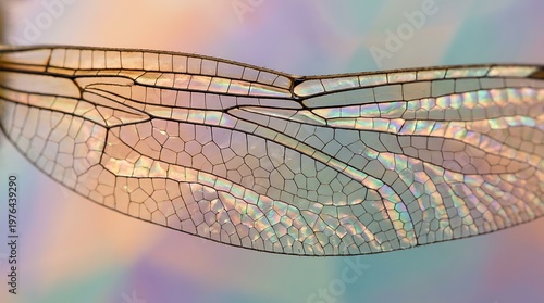 Closeup of iridescent dragonfly wing with intricate vein pattern on colorful background