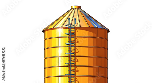 A vector graphic illustration of a large orange silo with a ladder and conical roof on a white background