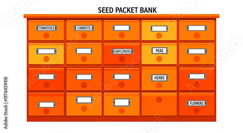 A vibrant orange seed packet bank with labeled drawers for gardening supplies