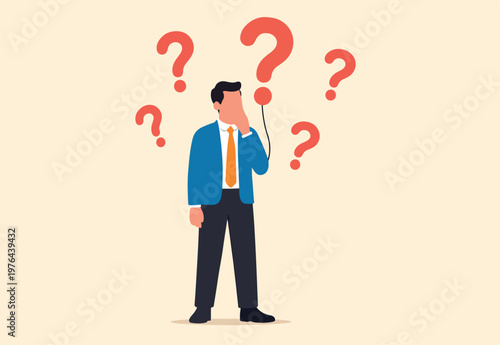 Question marks, finding solution or search for answer, solving problem or curiosity, questionnaire, FAQ or uncertainty concept, doubtful businessman holding question marks balloon look for solutions A