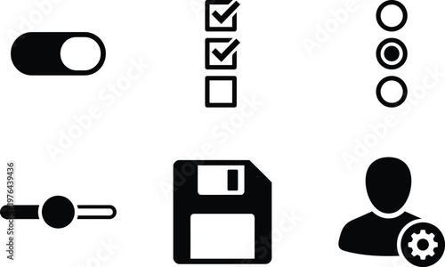 Vector silhouette set of preference center icons featuring toggle switch, checkbox list, radio button, slider and profile gear