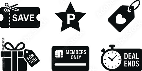 Vector silhouette set of personalized offer icons featuring coupon with scissor line, price tag with heart, gift and members only keycard
