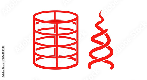 A red vector graphic illustration of a DNA double helix and a cylindrical structure