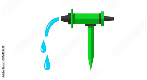 A vector graphic of a green water sprinkler with blue droplets on a white background