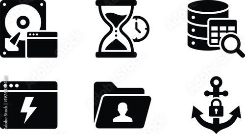 Vector silhouette set of local storage icons featuring hard drive browser, session storage hourglass, IndexedDB database and persistent ID anchor