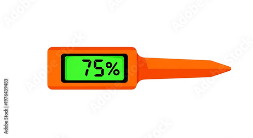 A digital soil moisture meter with a green screen displaying 75 percent on a white background