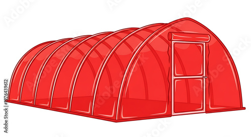 A red plastic greenhouse with a curved roof and a door
