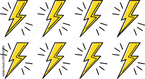 Yellow lightning bolt with motion lines on white background yellow lightning bolts