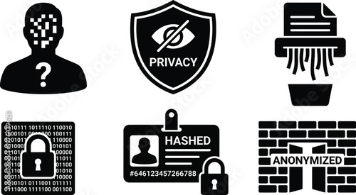 Vector silhouette set of data anonymization icons featuring pixelated person, privacy shield, shredded document, encrypted block and hashed id