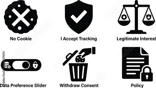Vector silhouette set of cookie-less consent icons featuring no cookie symbol, tracking checkmark, legitimate interest scale and data preference slider